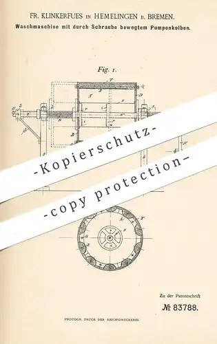 original Patent - Fr. Klinkerfues , Hemelingen / Bremen , 1895 , Waschmaschine | Waschmaschinen | Pumpe , Pumpen !!!