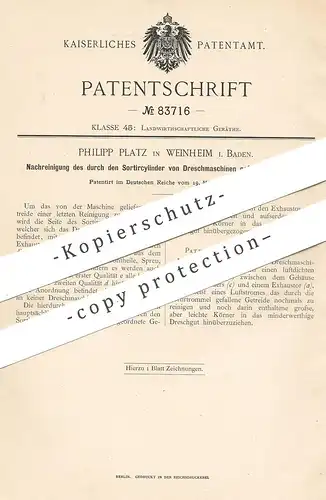 original Patent - Philipp Platz , Weinheim / Baden , 1895 , Reinigung an Dreschmaschine | Drescher , Getreide | Dreschen