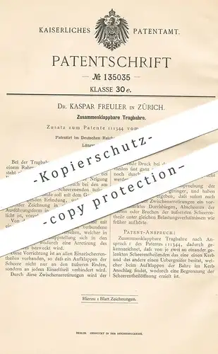 original Patent - Dr. Kaspar Freuler , Zürich , Schweiz , 1901 , Zusammenklappbare Tragbahre | Bahre | Nürnberger Schere