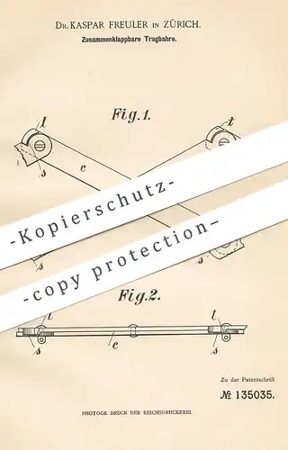 original Patent - Dr. Kaspar Freuler , Zürich , Schweiz , 1901 , Zusammenklappbare Tragbahre | Bahre | Nürnberger Schere