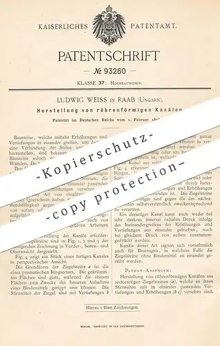 original Patent - Ludwig Weiss , Raab , Ungarn , 1896 , röhrenförmige Kanäle | Ziegelstein | Baustein , Gestein | Maurer