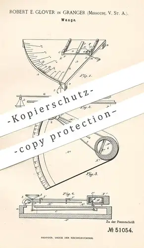 original Patent - Robert E. Glover , Granger , Missouri , USA , 1889 , Waage für kleines Gewicht | Waagen | Briefwaage !