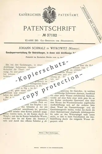 original Patent - Johann Schmalz , Witkowitz , Mähren , 1886 , Gasabsperrung für Rohre | Gashahn | Gas , Gase !!!