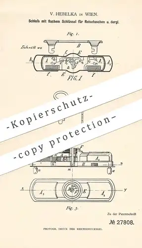 original Patent - V. Hebelka , Wien , 1883 , Schloss mit Schlüssel für Taschen , Koffer | Schlösser | Kofferschloss !!