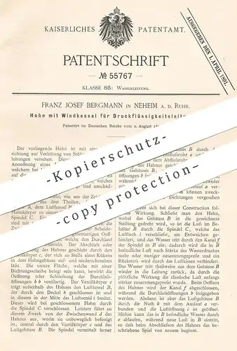 original Patent - Franz Josef Bergmann , Neheim / Ruhr , 1890 , Wasserhahn mit Windkessel für Druckleitung | Klempner