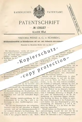 original Patent - Viktoria Werke AG , Nürnberg , 1902 , Brückenwalzenantrieb an Schnellpresse | Presse , Walze , Walzen