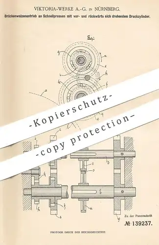 original Patent - Viktoria Werke AG , Nürnberg , 1902 , Brückenwalzenantrieb an Schnellpresse | Presse , Walze , Walzen