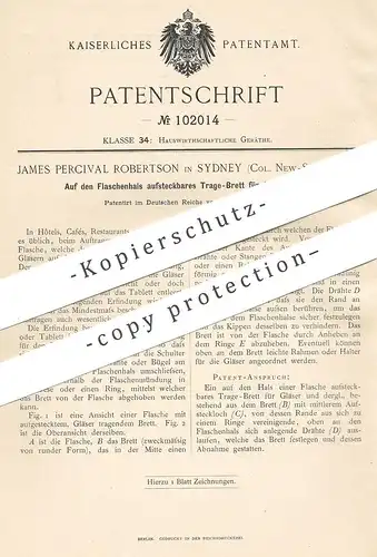 original Patent - James Percival Robertson , Sydney , Col. New Sud Wales , 1898 , Tragebrett für Gläser auf Flaschenhals