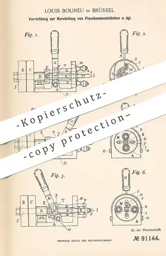 original Patent - Louis Bouneu , Brüssel , 1896 , Herst. von Flaschenmundstück | Flasche , Flaschen , Glas , Glasbläser