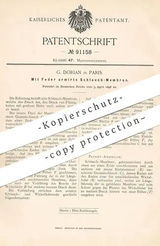 original Patent - G. Dorian , Paris , Frankreich , 1896 , Mit Feder armierte Schlauch - Membran | Gummischlauch | Motor