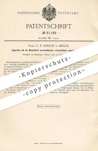 original Patent - G. E. Hirsch , Berlin , 1896 , Zigarette | Zigaretten | Zigarre , Tabak , Rauchen , Pfeife !!!