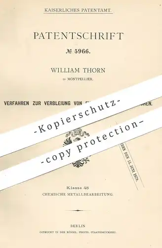 original Patent - William Thorn , Montpellier , 1878 , Verbleiung von Eisen- u. Kupferblech | Blech , Metall , Blei !!!