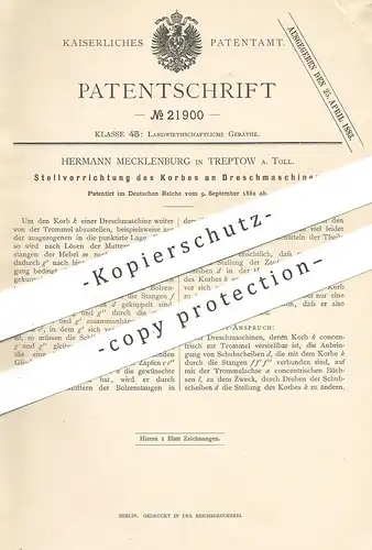 original Patent - Hermann Mecklenburg , Treptow / Altentreptow / Tollense , 1882 , Korb an Dreschmaschine | Dreschen !!!