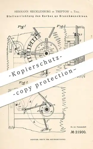original Patent - Hermann Mecklenburg , Treptow / Altentreptow / Tollense , 1882 , Korb an Dreschmaschine | Dreschen !!!