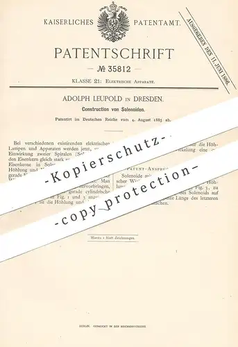 original Patent - Adolph Leuplod , Dresden , 1885 , Konstruktion der Solenoide | Elektriker , Elektrik , Strom !!!