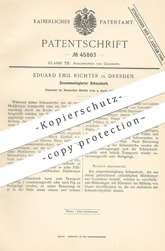 original Patent - Eduard Emil Richter , Dresden , 1888 , Zusammenlegbarer Schanzkorb aus Weidengeflecht | Waffen !!