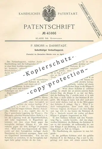 original Patent - P. Simons , Darmstadt  1888 , Selbsttätiger Verkaufsautomat mit Münzeinwurf | Automat , Warenverkäufer