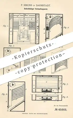 original Patent - P. Simons , Darmstadt  1888 , Selbsttätiger Verkaufsautomat mit Münzeinwurf | Automat , Warenverkäufer