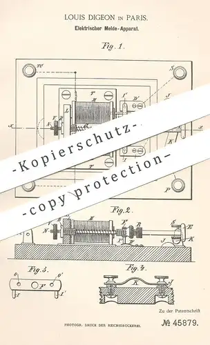 original Patent - Louis Digeon , Paris , Frankreich , 1887 , Elektrischer Melde - Apparat | Telefon , Klingel , Glocke