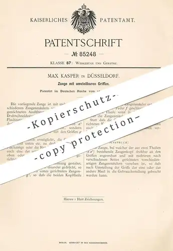 original Patent - Max Kasper , Düsseldorf , 1895 , Zange mit stellbaren Griffen | Zangen , Werkzeug , Rundzange , Draht