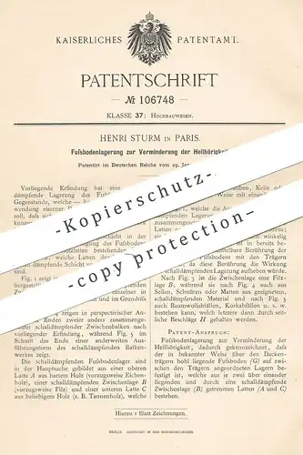 original Patent - Henri Sturm , Paris , Frankreich 1899 , Fußbodenlagerung zur Verminderung der Hellhörigkeit | Fußboden