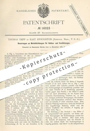 original Patent - Thomas Tripp zu East Stoughton , Norfolk , Massachusetts , USA , 1880 , Metall - Dichtung | Dichtungen