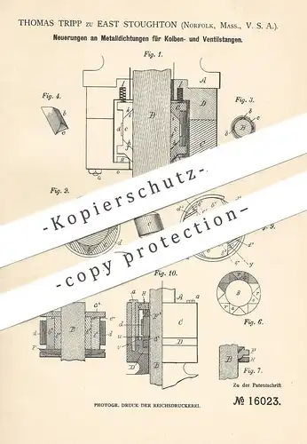 original Patent - Thomas Tripp zu East Stoughton , Norfolk , Massachusetts , USA , 1880 , Metall - Dichtung | Dichtungen