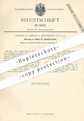 original Patent - George H. Corliss , Providence , USA , 1880 , Kolben für Dampfmaschinen | Dampfmaschine | Motor !!