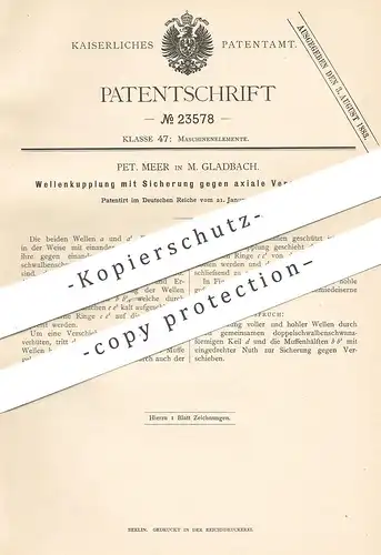 original Patent - Pet. Meer , Mönchengladbach 1883 , Wellenkupplung mit Sicherung gegen achsiale Verschiebung | Kupplung