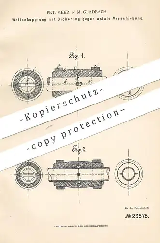 original Patent - Pet. Meer , Mönchengladbach 1883 , Wellenkupplung mit Sicherung gegen achsiale Verschiebung | Kupplung
