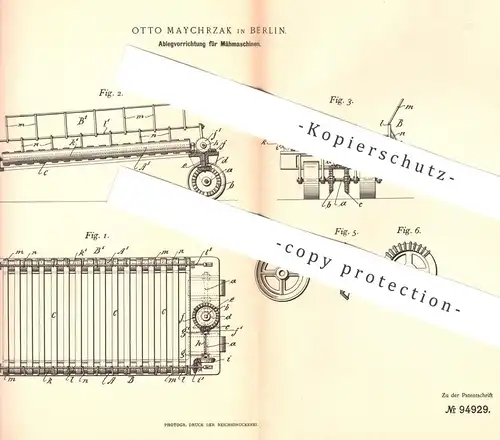 original Patent - Otto Maychrzak , Berlin 1897 , Ablegvorrichtung für Mähmaschine | Mähdrescher , Mähen , Landwirtschaft