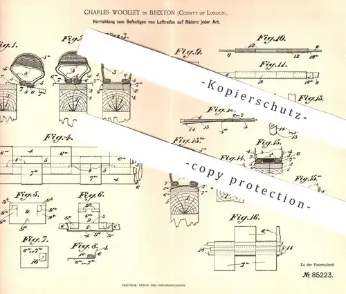 original Patent - Charles Wooley , Brixton , County of London 1894 , Befestigen von Luftreifen auf Rädern | Reifen , Rad