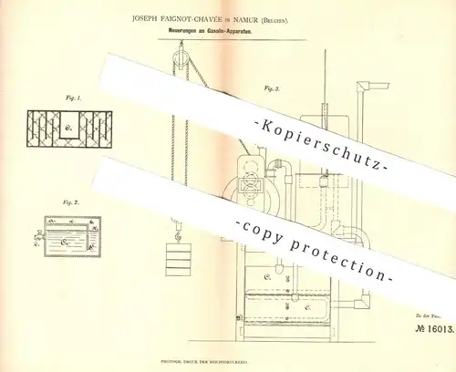 original Patent - Joseph Faignot Chavée , Namur , Belgien , 1881 , Gasolin - Apparat zur Herst. von Leuchtgas | Gas !!!