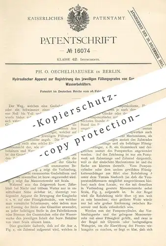 original Patent - Ph. O. Oechelhaeuser , Berlin , 1881 , Hydraulischer Apparat für Behälter für Gas oder Wasser !!!