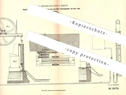 original Patent - Ph. O. Oechelhaeuser , Berlin , 1881 , Hydraulischer Apparat für Behälter für Gas oder Wasser !!!