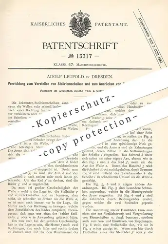 original Patent - Adolf Leupold , Dresden , 1880 , Verstellen von Stellriemenscheiben und zum Ausrücken von Kupplungen !