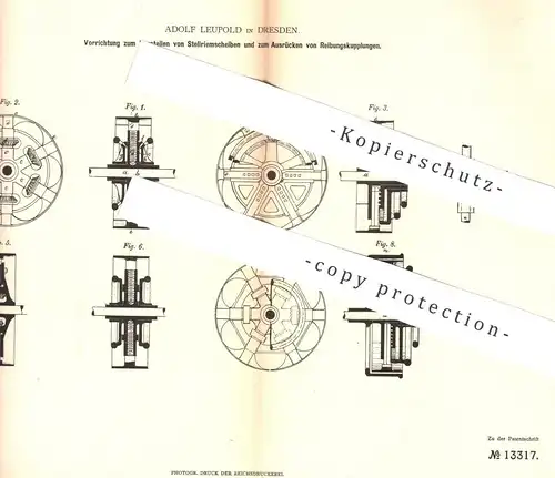 original Patent - Adolf Leupold , Dresden , 1880 , Verstellen von Stellriemenscheiben und zum Ausrücken von Kupplungen !