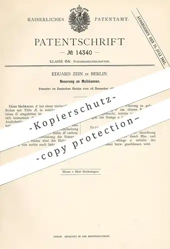 original Patent - Eduard Zein , Berlin , 1880 , Maßkanne | Kanne , Kannen , Messkanne , Messbecher , Trichter , Krug !!