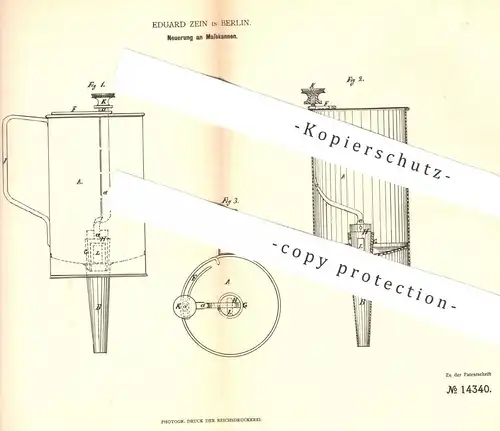 original Patent - Eduard Zein , Berlin , 1880 , Maßkanne | Kanne , Kannen , Messkanne , Messbecher , Trichter , Krug !!