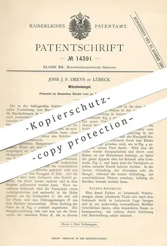 original Patent - Johs. J. F. Drevs , Lübeck , 1880 , Wäschemangel | Wäsche - Mangel | Wäscherei , Waschmaschine !!!