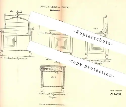 original Patent - Johs. J. F. Drevs , Lübeck , 1880 , Wäschemangel | Wäsche - Mangel | Wäscherei , Waschmaschine !!!