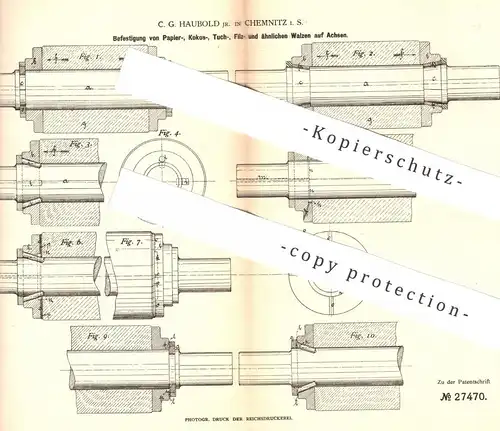 original Patent - C. G. Haubold , Chemnitz , 1883 , Befestigung von Walzen auf Achsen | Walze , Walzwerk !!