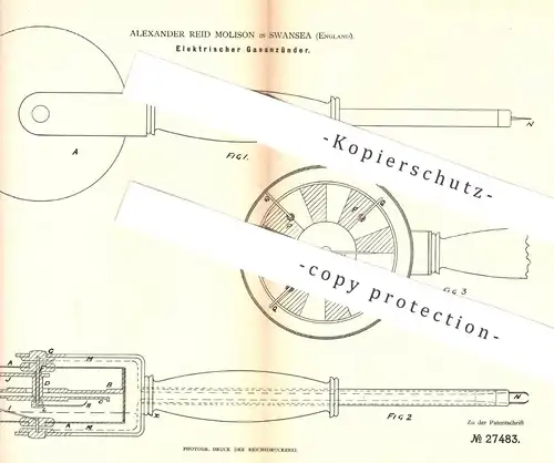 original Patent - Alexander Reid Molison , Swansea , England , 1883 , Elektrischer Gasanzünder | Gas , Zünder , Gasmotor