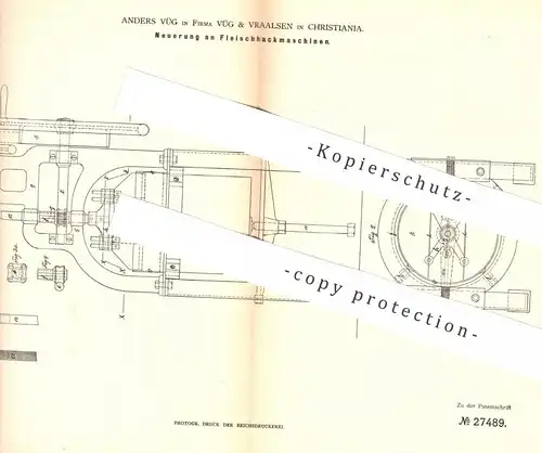 original Patent - Anders Vüg | Vüg & Vraalsen , Christiania 1883 , Fleischhackmaschine | Fleisch Fleischer , Schlachter