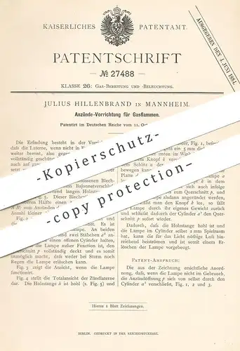 original Patent - Julius Hillenbrand , Mannheim  1883 , Anzünder für Gasflammen | Zünder , Gas , Brenner , Lampe , Licht