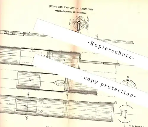 original Patent - Julius Hillenbrand , Mannheim  1883 , Anzünder für Gasflammen | Zünder , Gas , Brenner , Lampe , Licht