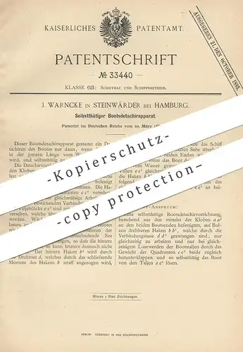 original Patent -  J. Warncke , Hamburg / Steinwärder , 1885 , Bootsdetachierapparat | Schiff , Boot , Schiffe !!!