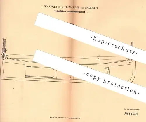 original Patent -  J. Warncke , Hamburg / Steinwärder , 1885 , Bootsdetachierapparat | Schiff , Boot , Schiffe !!!