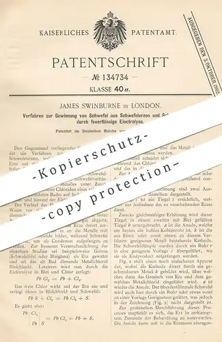 original Patent - James Swinburne , London , England , 1898 , Schwefel aus Schwefelerz u. Schwefelmetall per Elektrolyse