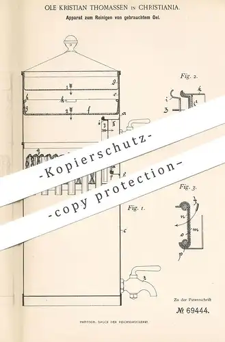 original Patent - Ole Kristian Thomasssen , Christiania , 1891 , Reinigen von gebrauchtem Öl | Öle , Altöl , Maschinenöl